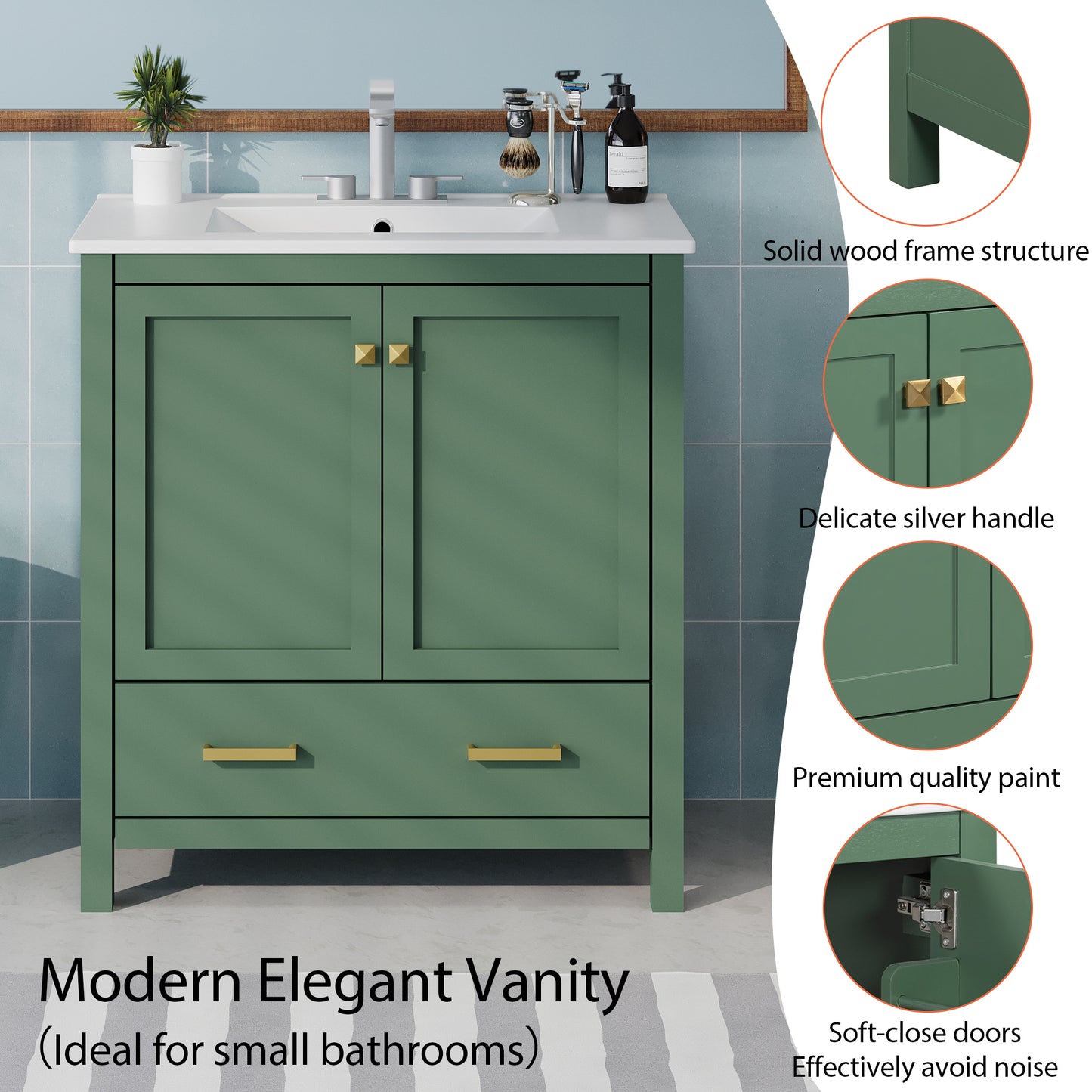 Chic Green Bathroom Vanity with Soft-Close Cabinet and Drawer