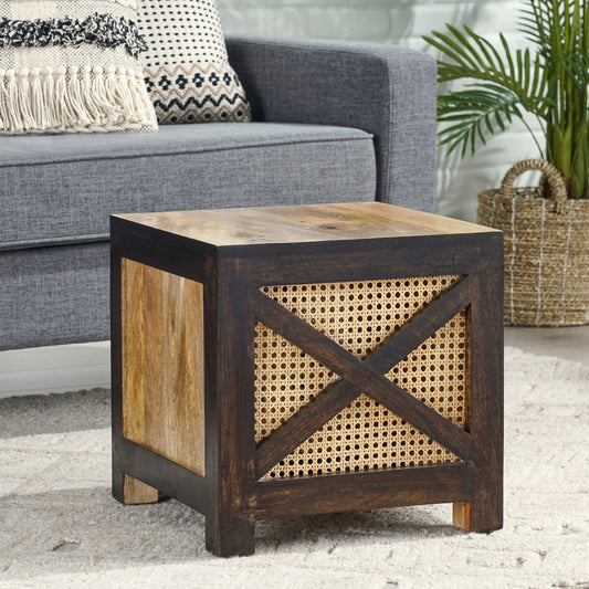 Mango Wood & Cane Cube Ottoman