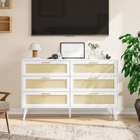 Rattan Charm Wide Dresser with Gold Accents