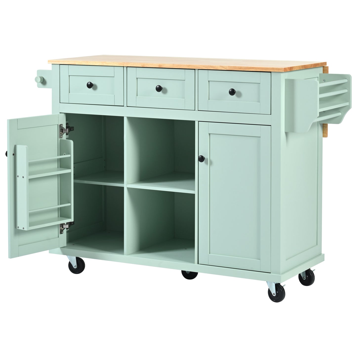 Mint Green Kitchen Island on Wheels with Drop-Leaf Countertop & Storage