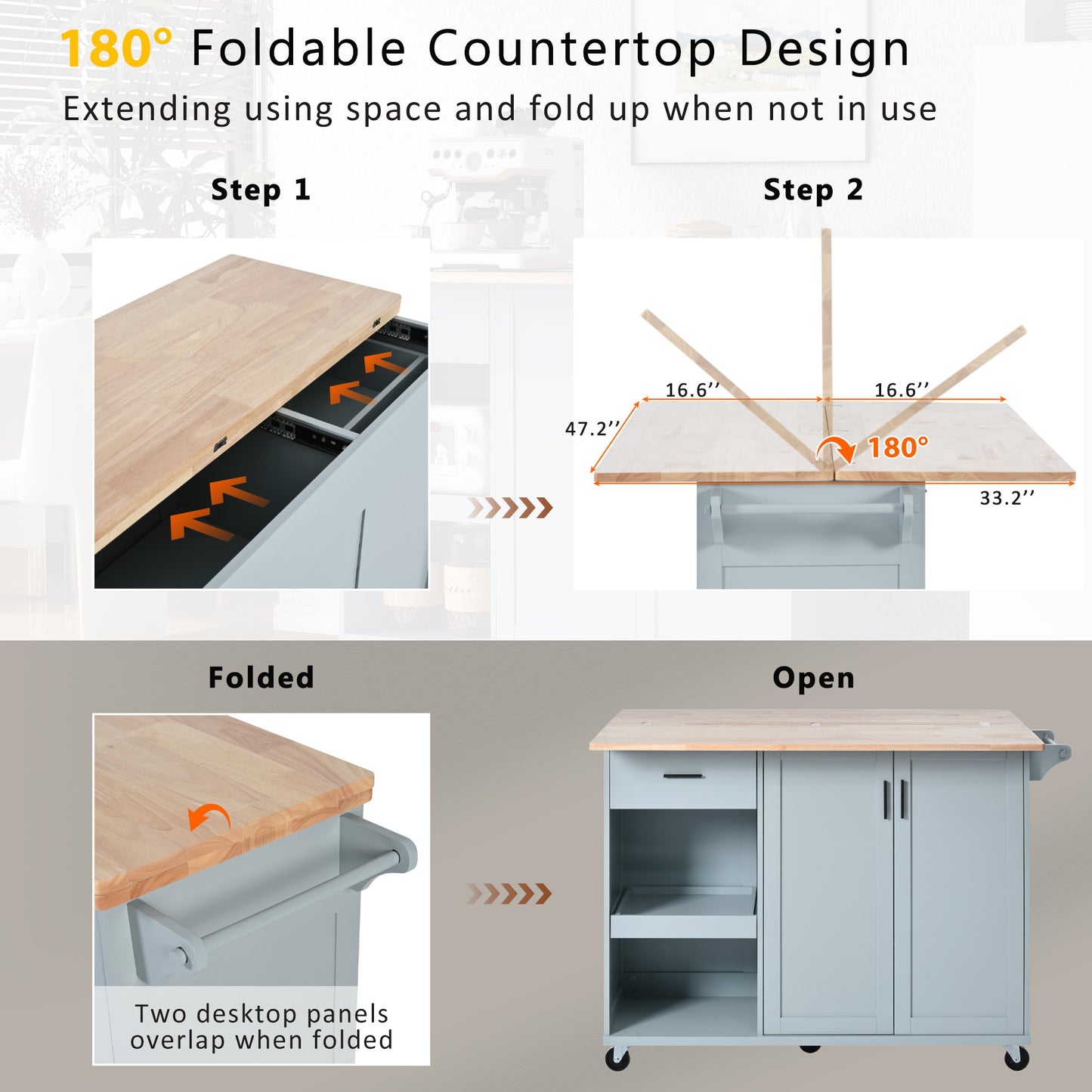 Rolling Kitchen Island with Foldable Top and Storage