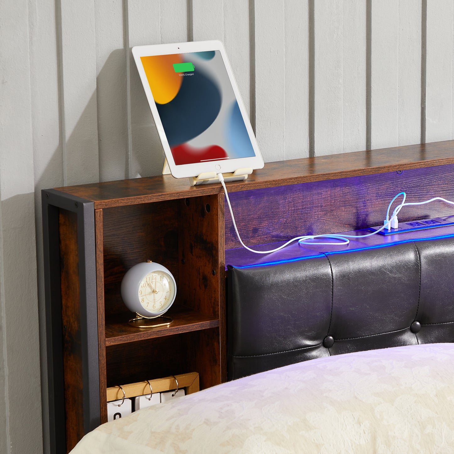 Rustic Brown Storage Bed with Charging Headboard