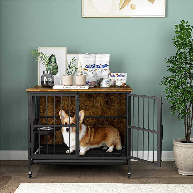 Stylish Multi-Use Dog Kennel with Removable Tray and Adjustable Bowls