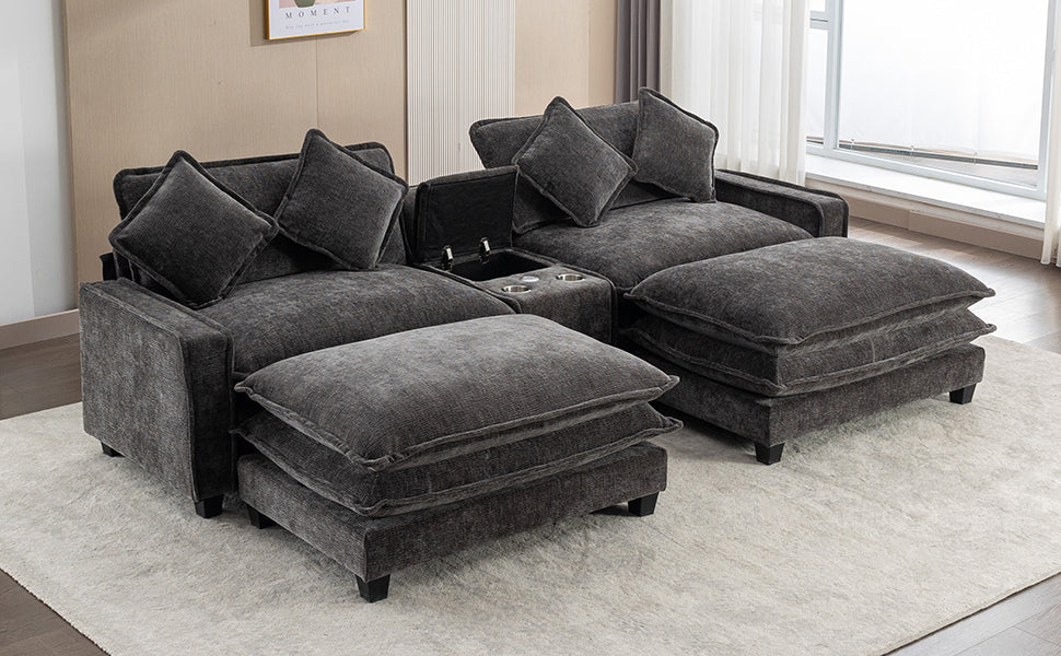 Cozy Black Chenille Sectional Sofa with Ottomans and USB Ports