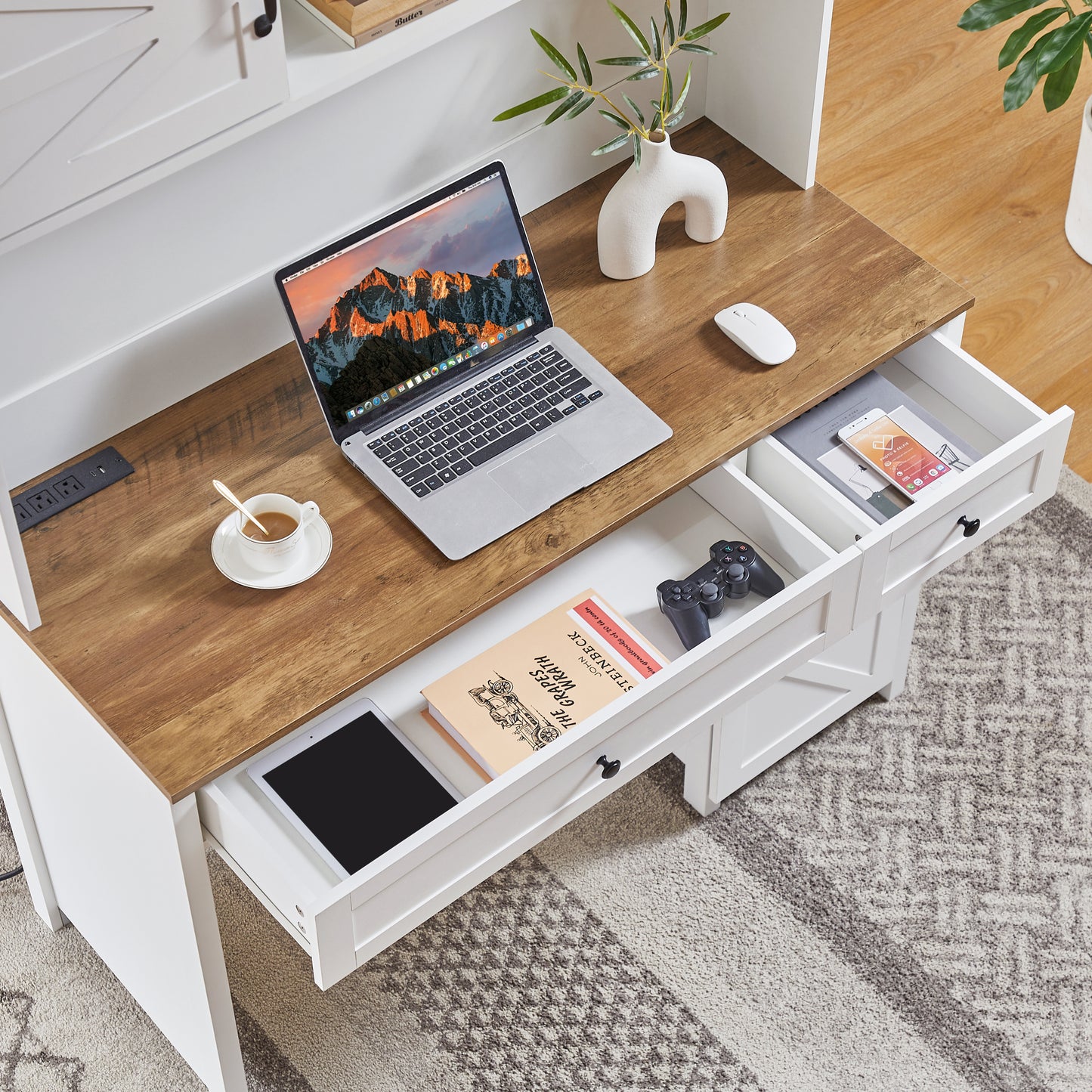 Rustic Farmhouse Executive Desk with Charging Station