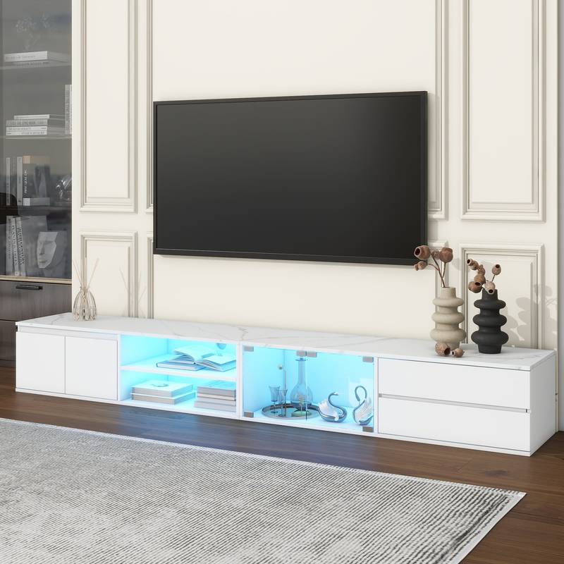 Sleek Smart LED TV Stand with Faux Marble Top and Glass Doors