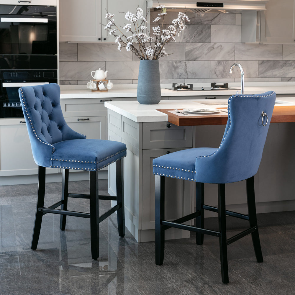 Chic Velvet Barstools with Button Tufting - Set of Two (Blue)