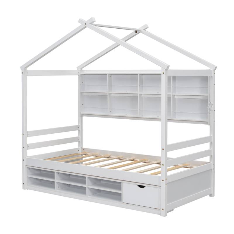 Cozy Twin House Bed with Roof & Storage