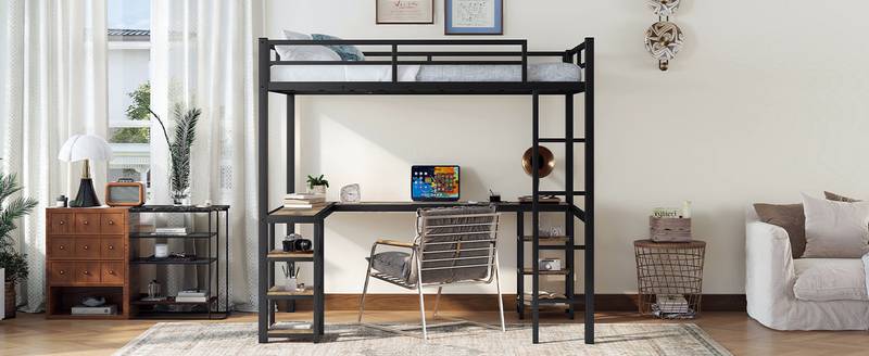 Chic Loft Bed with Desk & Shelves