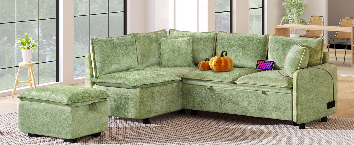 Cozy Green Convertible Sofa Bed with Storage & USB Charging