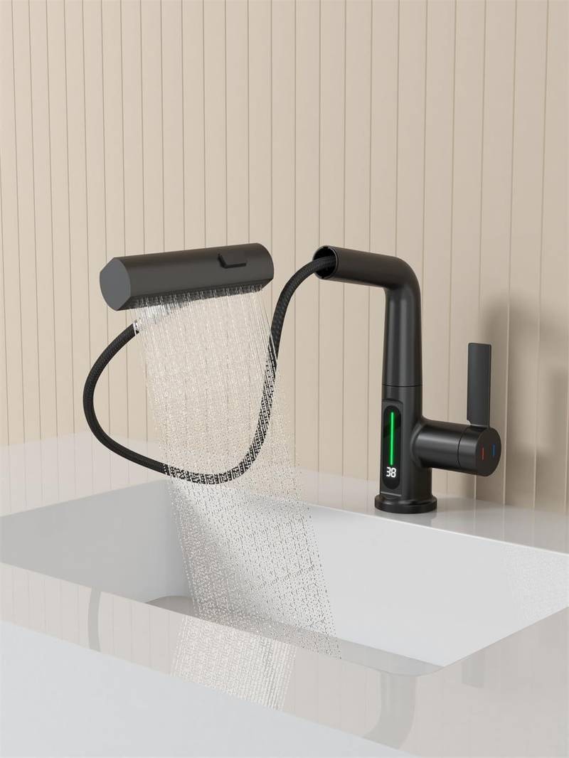 Sleek Matte Black Rotating Waterfall Faucet with LED Temperature Display