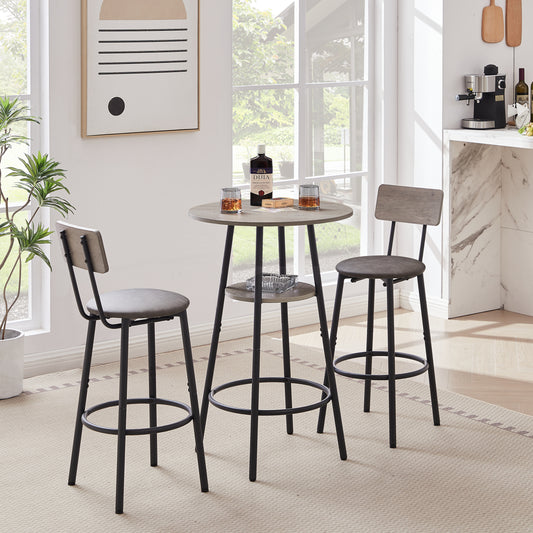 Cozy Grey Round Bar Stool Set with Backrest and Shelf