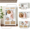 “Chic White Entryway Bench with Rattan Shelves and Shoe Storage”
