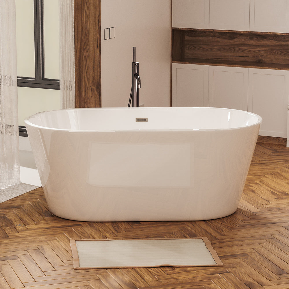 Chic White Freestanding Soaking Tub with Sleek Drain