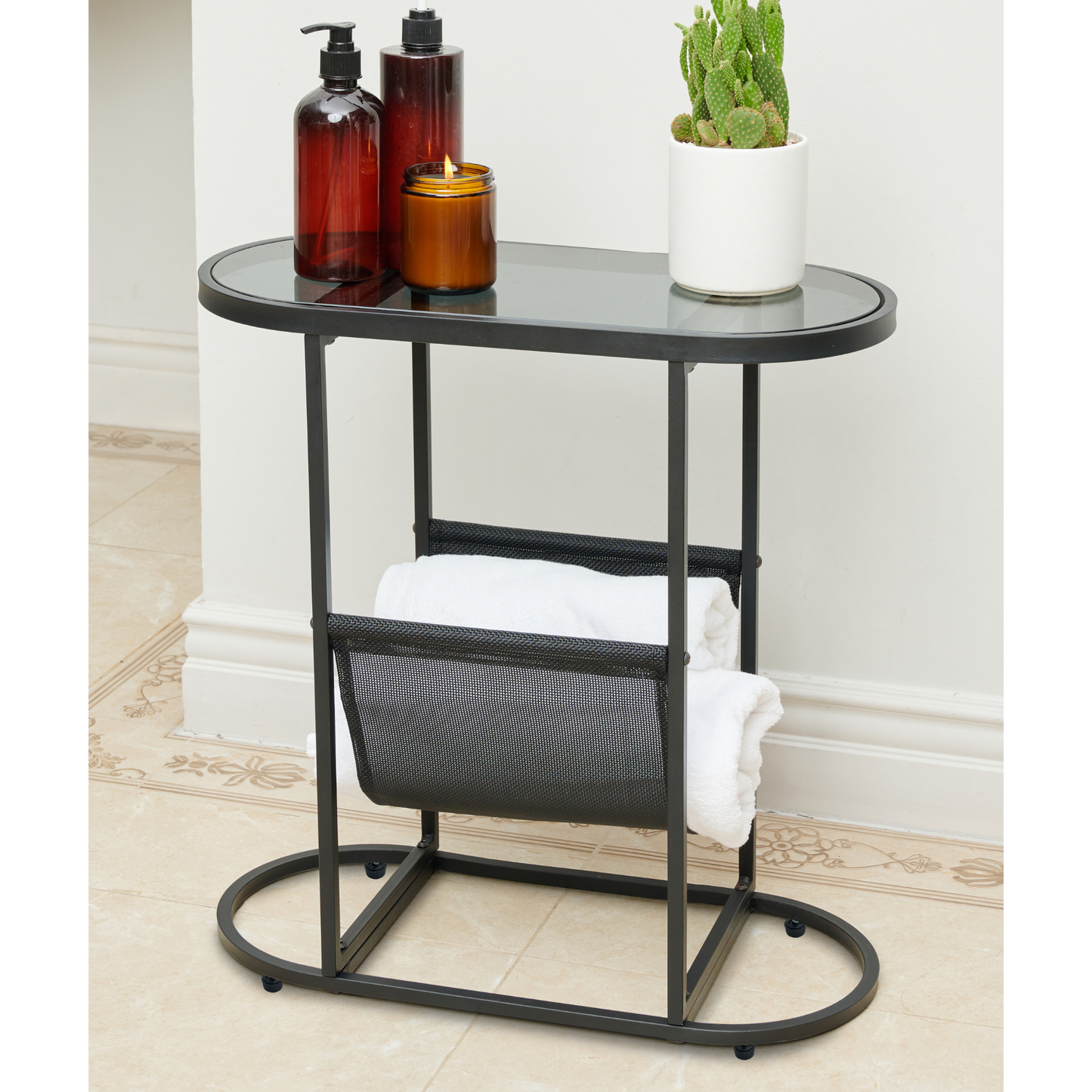 Chic Oval Glass Side Table with Magazine Storage