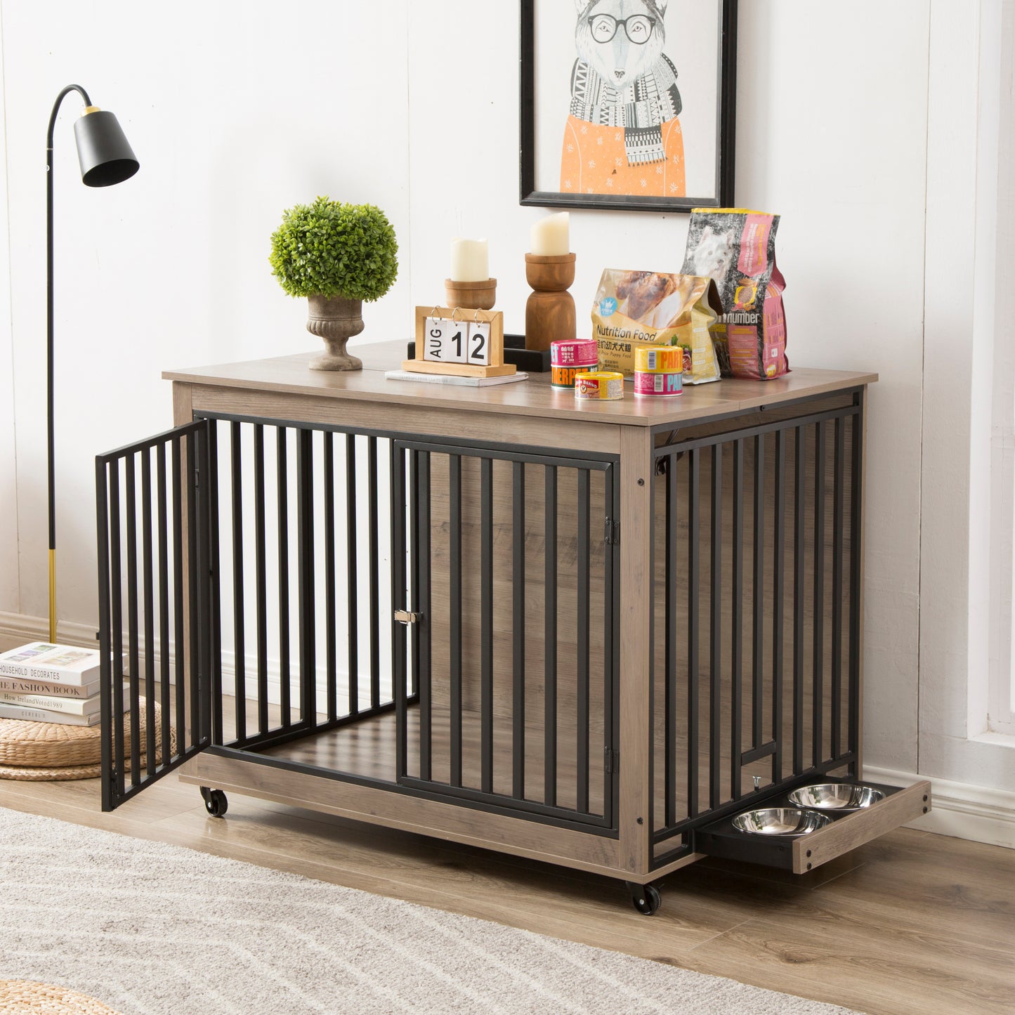 Cozy Retreat Dog Crate Table with Wheels & Feeding Bowls