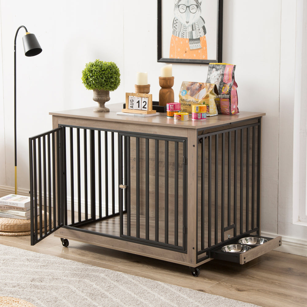 Cozy Retreat Dog Crate Table with Wheels & Feeding Bowls