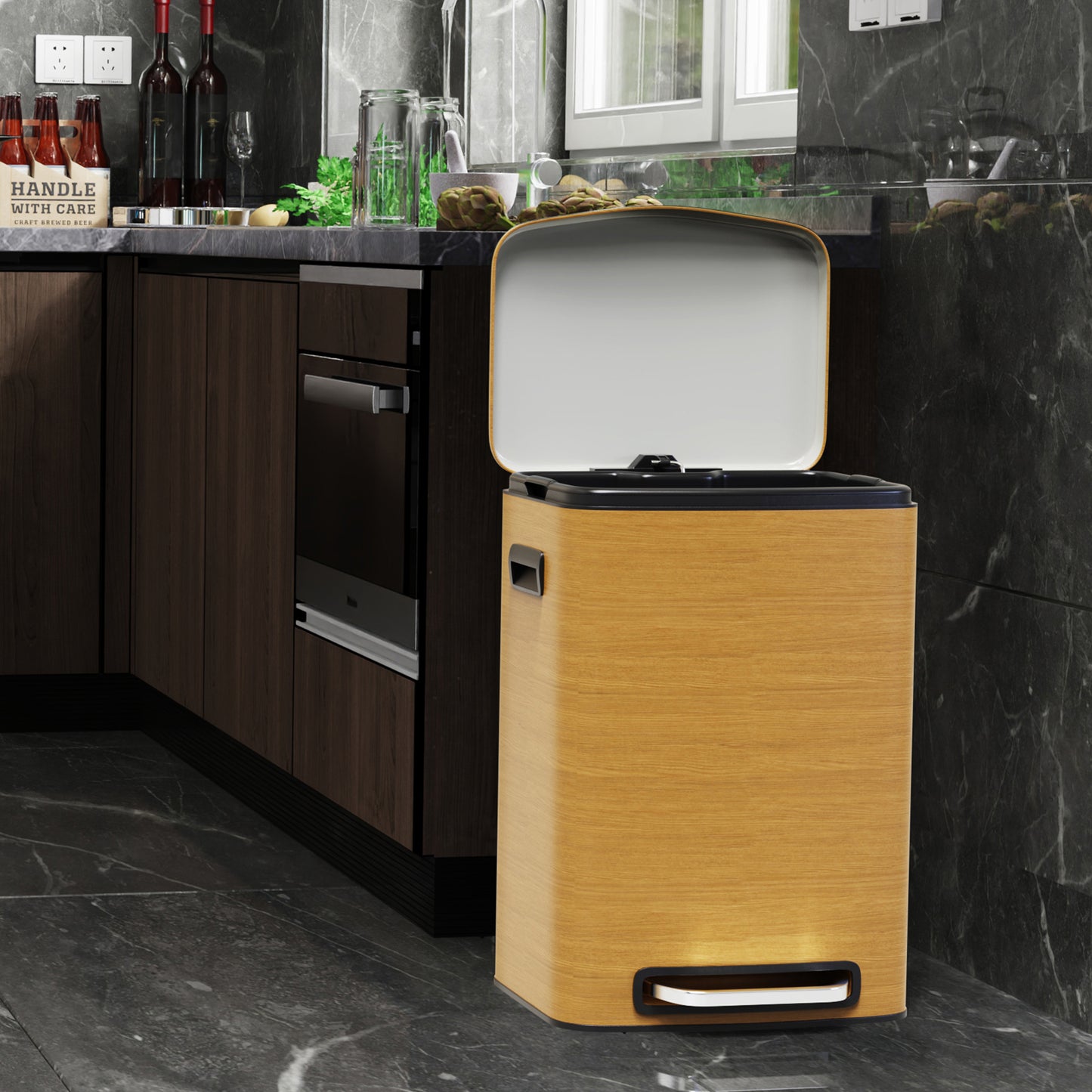 Soft Close Kitchen Trash Can with Wooden Finish