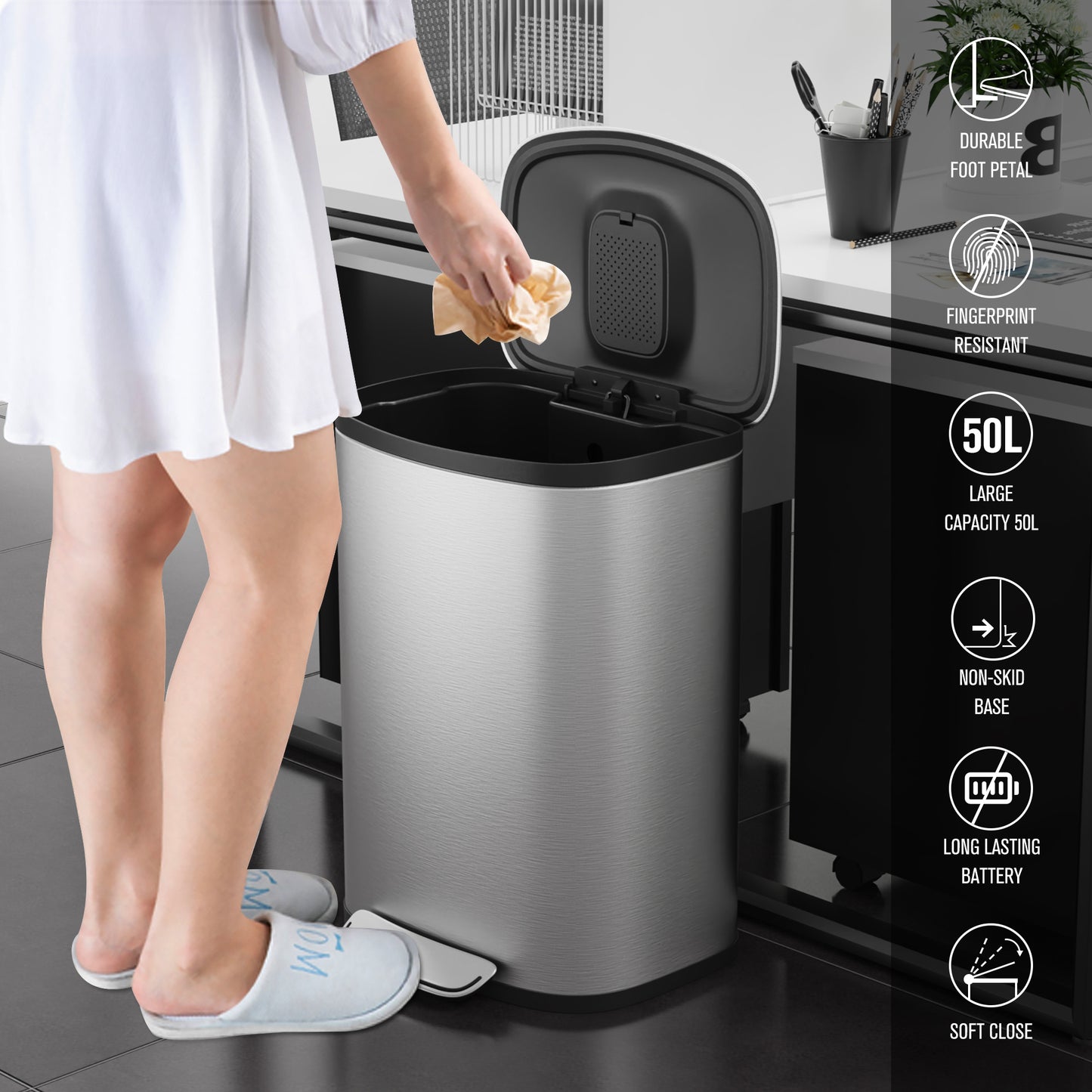 Sleek Silver Soft-Close Kitchen Trash Can with Foot Pedal and Bonus Bags