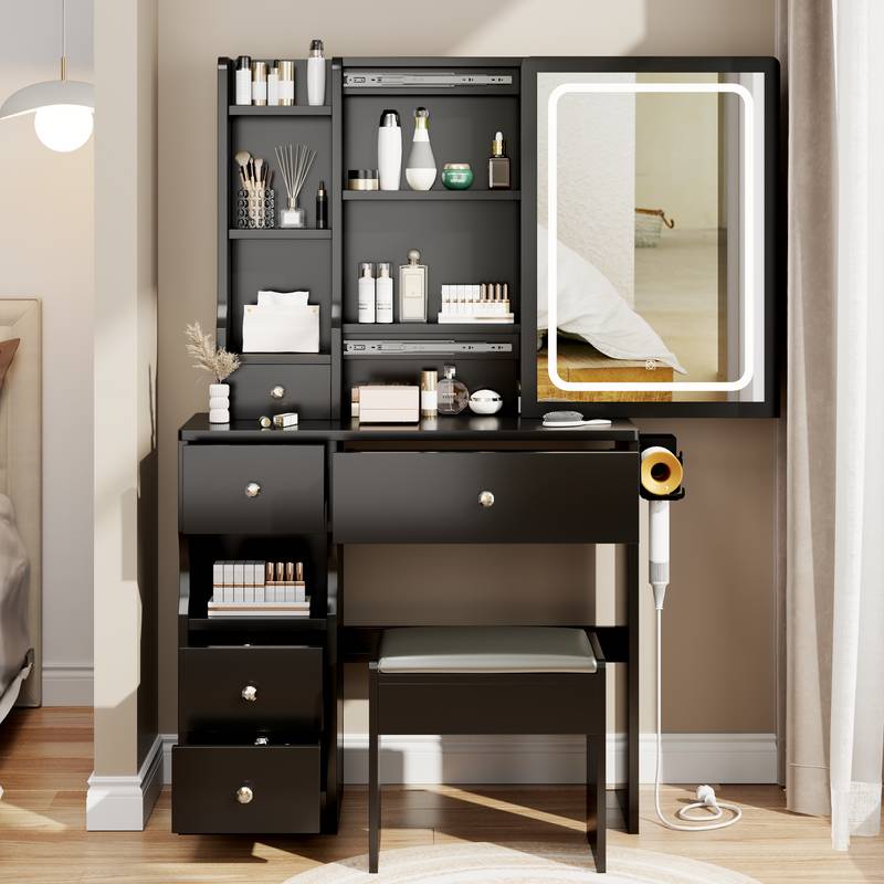 Chic Space-Saver Vanity Set with LED Mirror & Power Hub