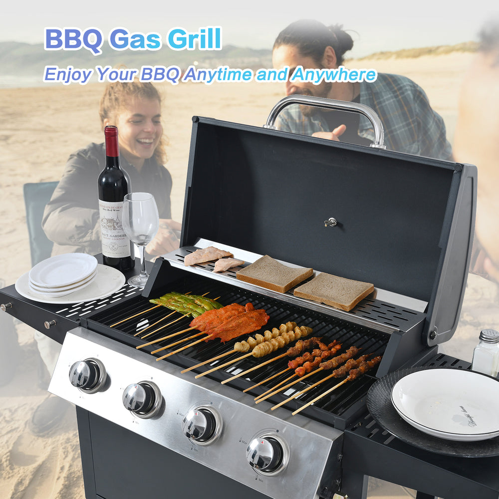 Stainless Steel 4-Burner Propane Grill with Shelves & Wheels