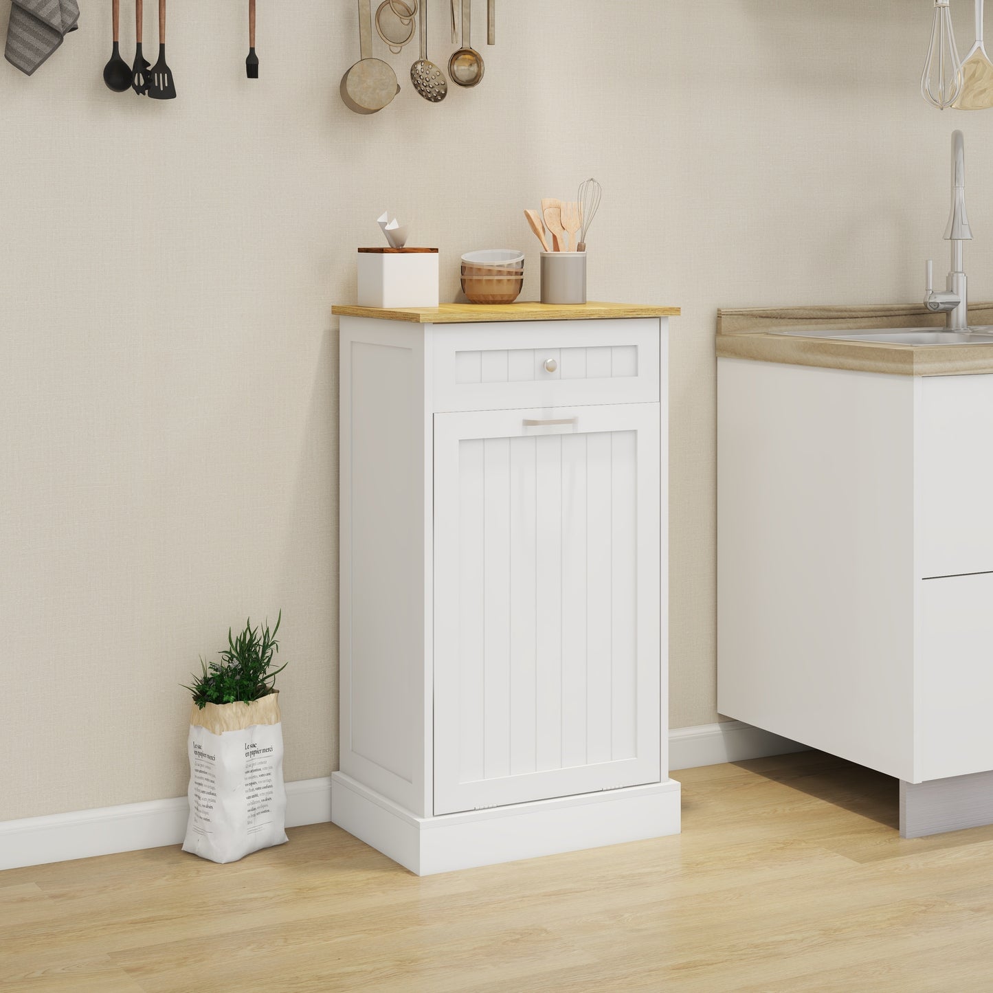 Charming Tilt-Out Trash Cabinet with Drawer - White