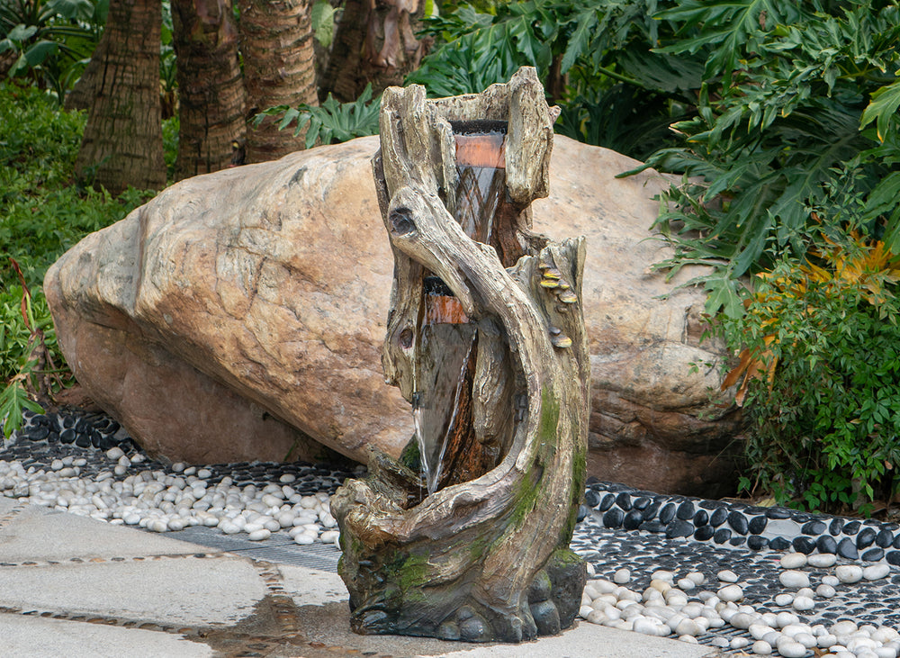 Rustic Tree Trunk Fountain with Light - Perfect for Your Garden