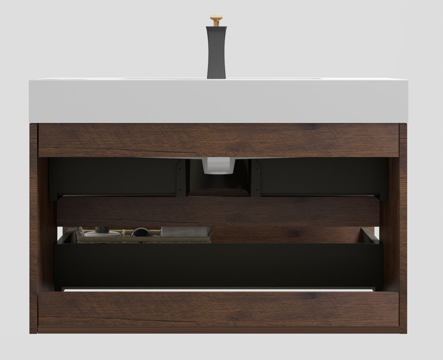 Walnut Wall-Mounted Vanity with Sleek Sink and Ample Storage