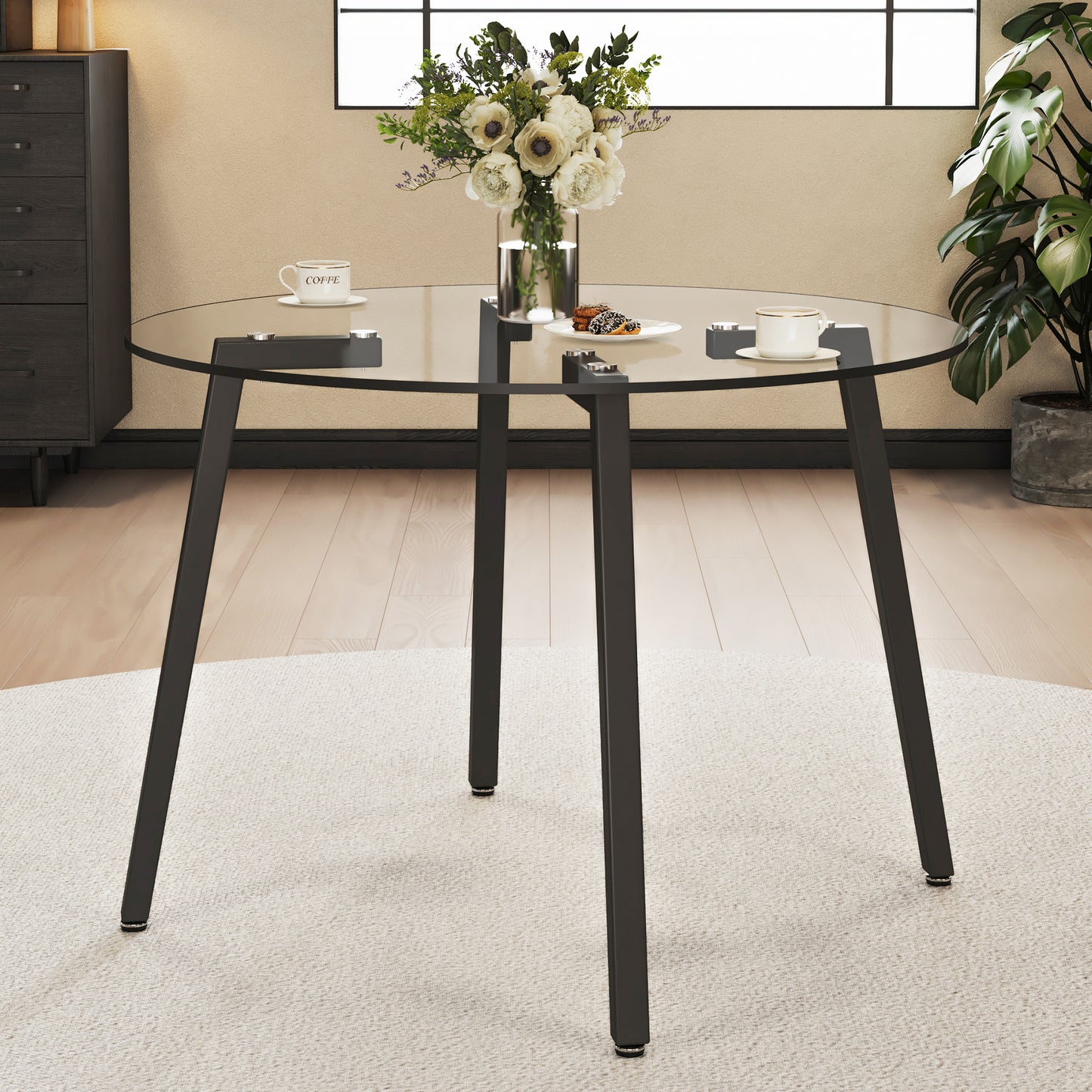 Chic Round Glass Dining Table with Black Metal Legs