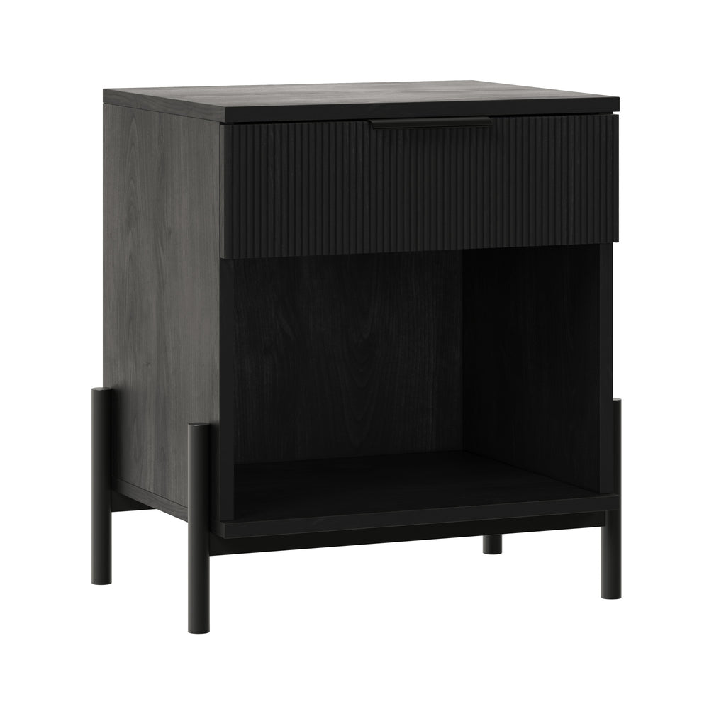 Chic Black Fluted Nightstand with Open Cubby