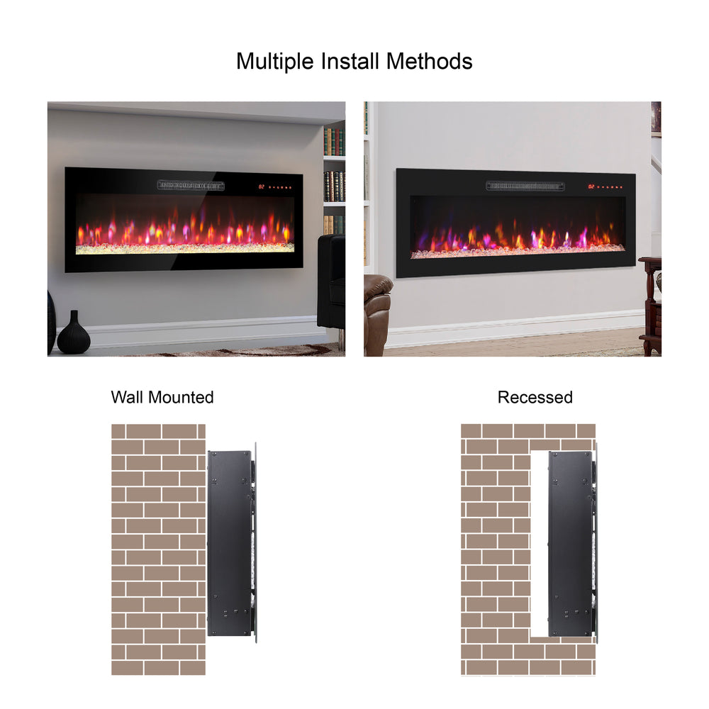 Sleek Wall-Mounted Electric Fireplace with Colorful Flames & Remote