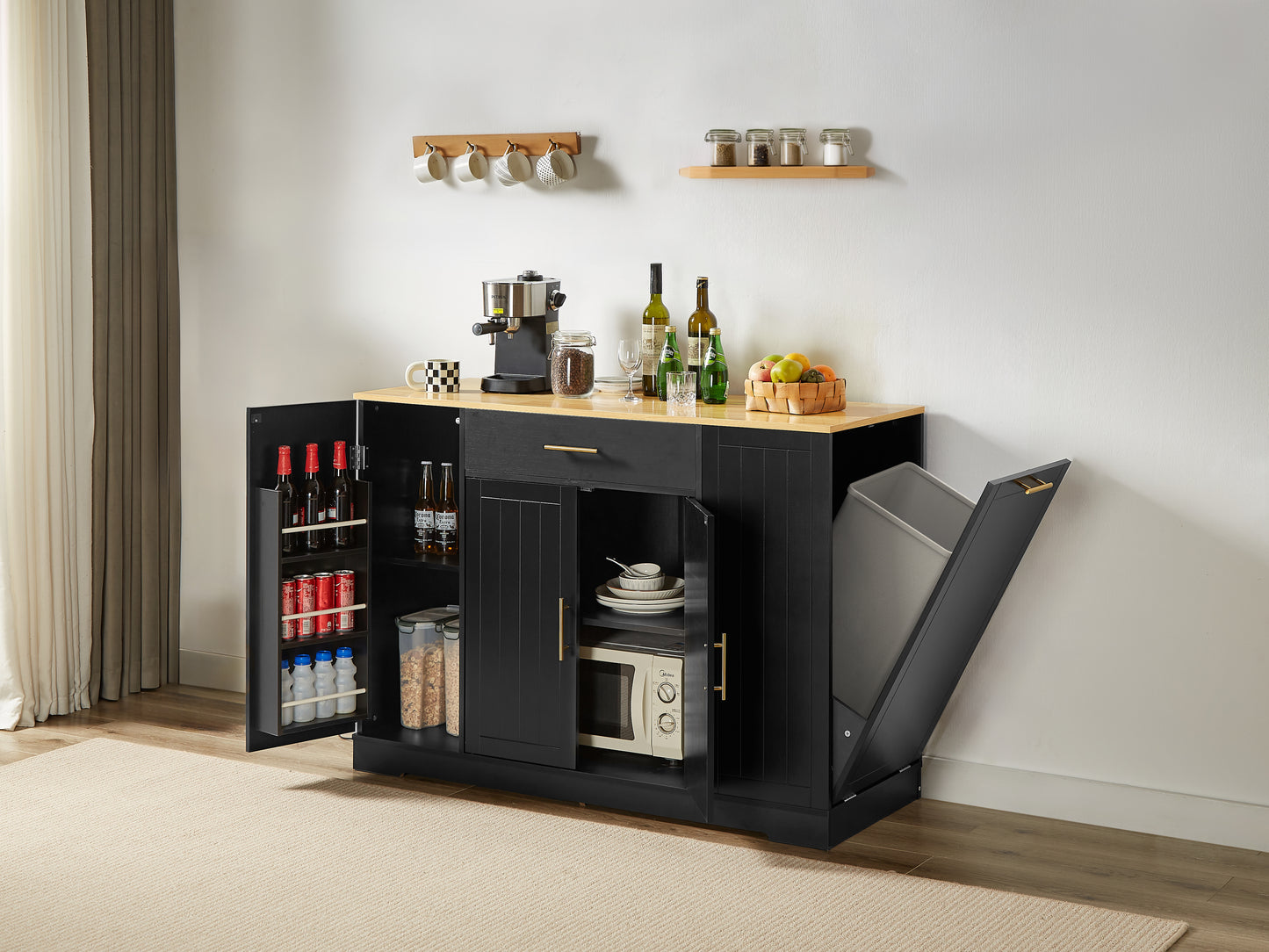 Stylish Kitchen Island with Trash Can Storage & Drawer