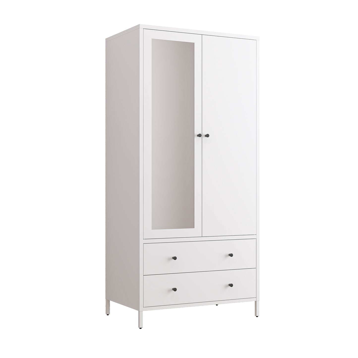 Chic White Metal Wardrobe with Mirror and Drawers