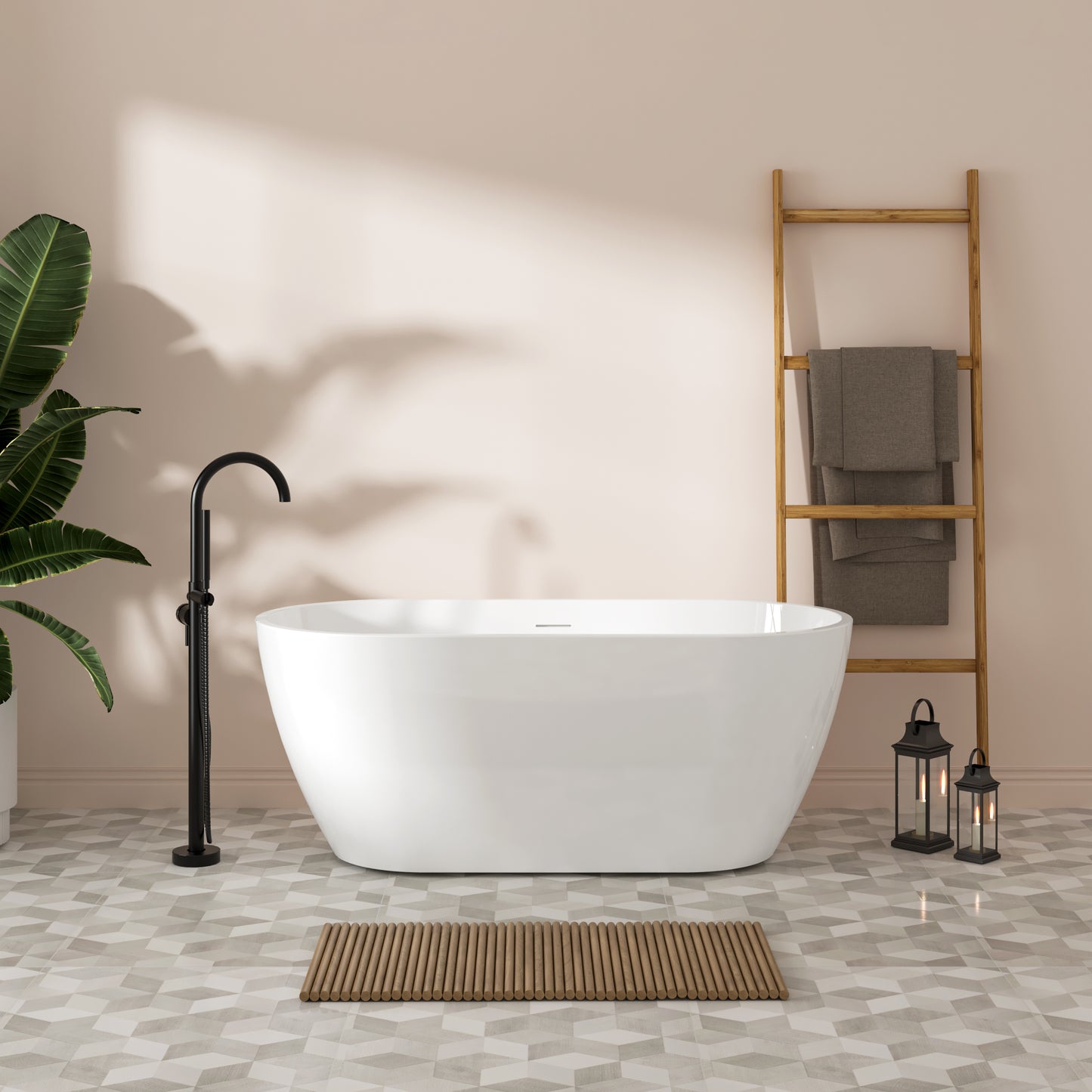 Sleek Glossy Freestanding Soaker Tub with Modern Drain