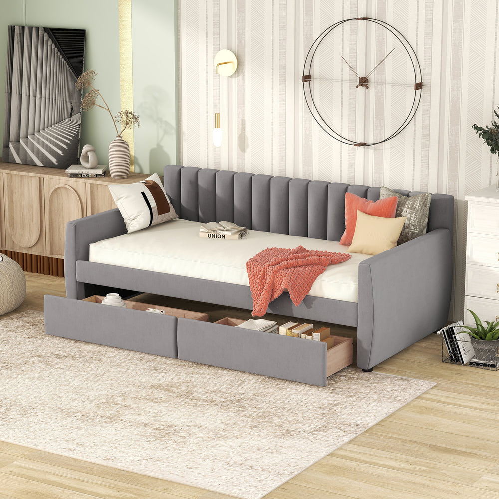 Gray Upholstered Twin Daybed with Storage Drawers