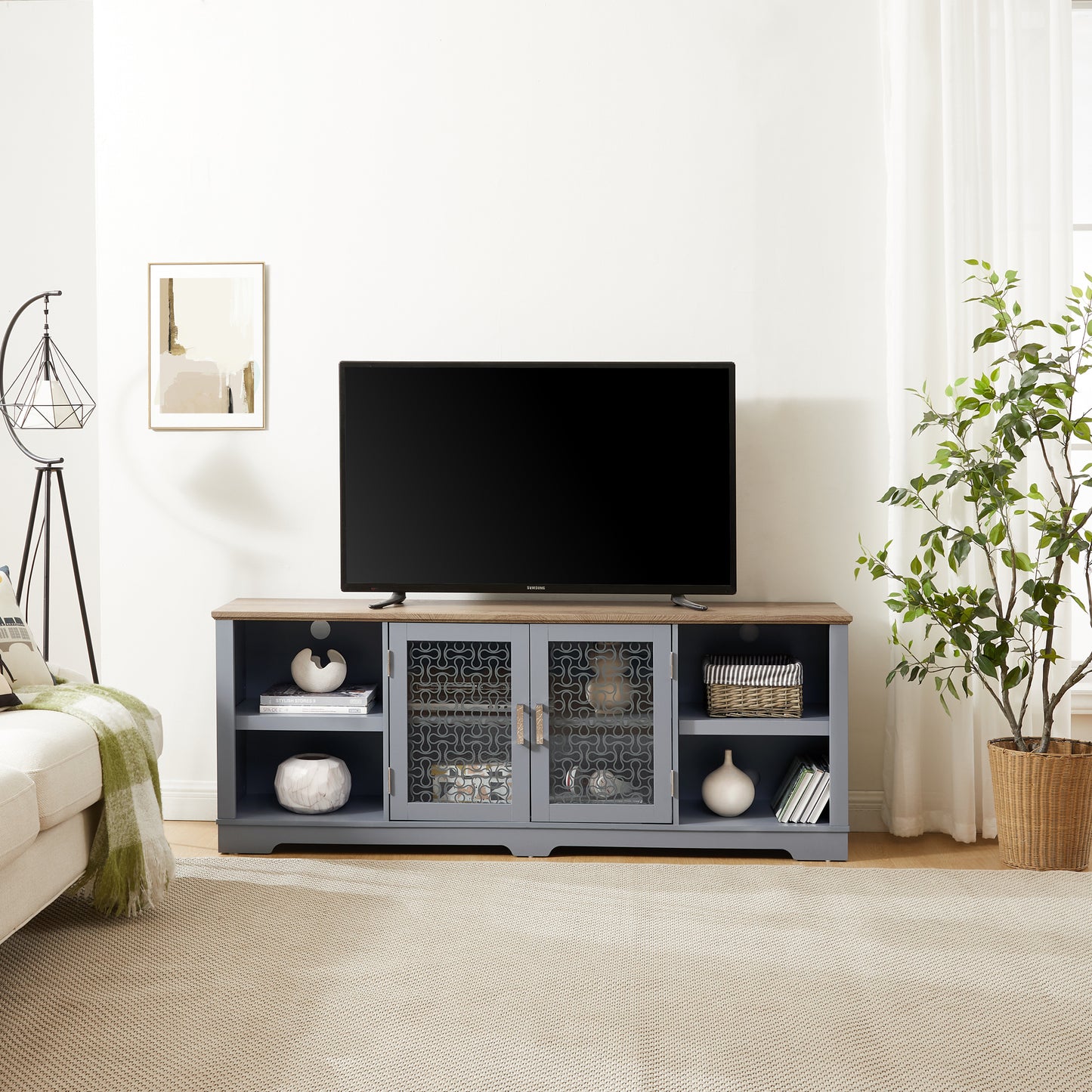 Charming Coastal TV Stand with Glass Doors