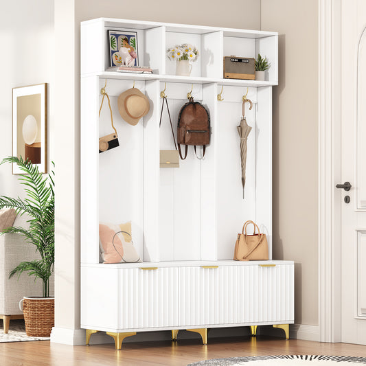 Chic Storage Hall Tree with Bench and Gold Accents