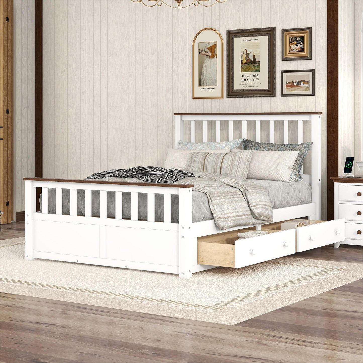 Charming White and Walnut Storage Bed