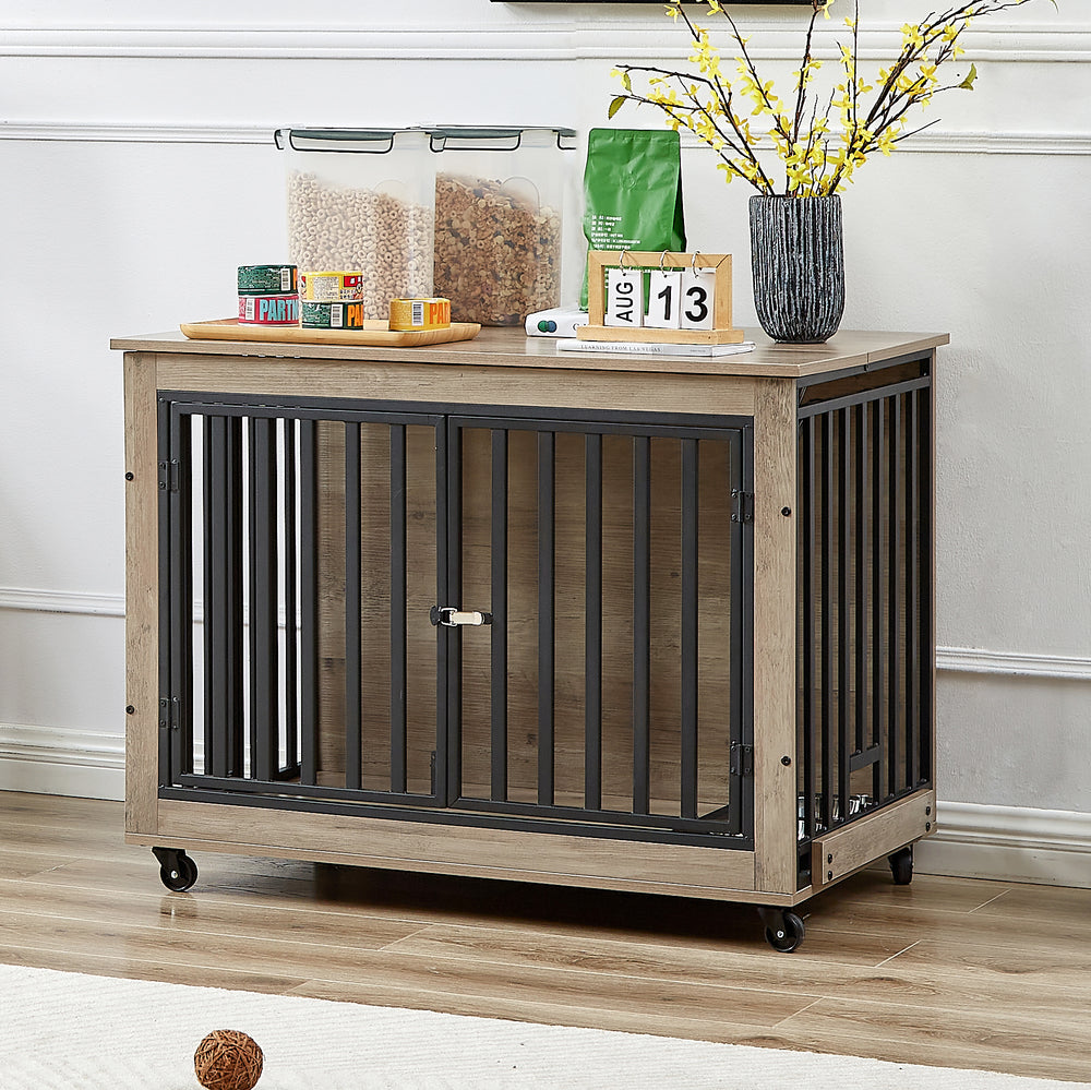 Chic Dog Crate Table with Feeding Bowl & Wheels