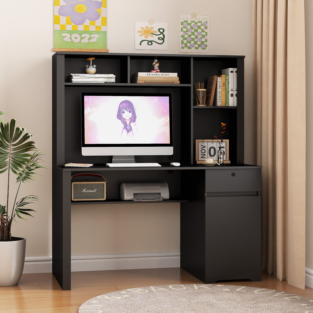 Smart Black Writing Desk with Hutch and Charging Ports