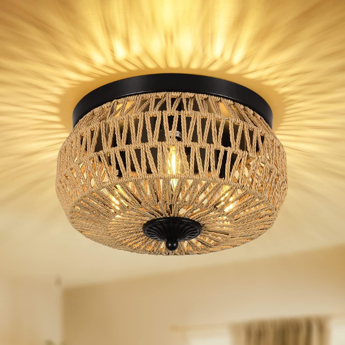 Woven Rattan Glow Flush Mount Light