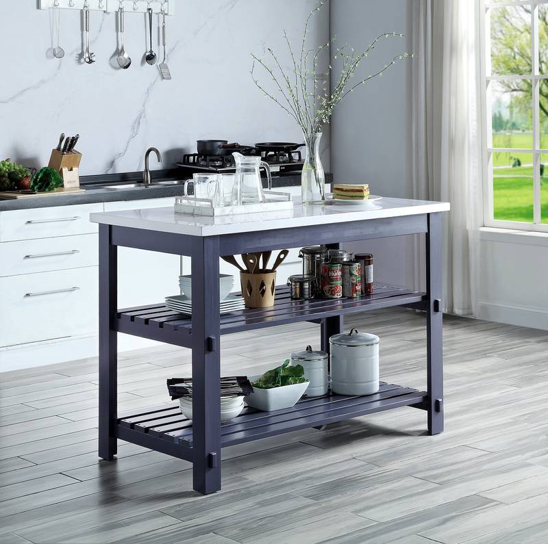 Chic Marble Top Kitchen Island with Gray Finish