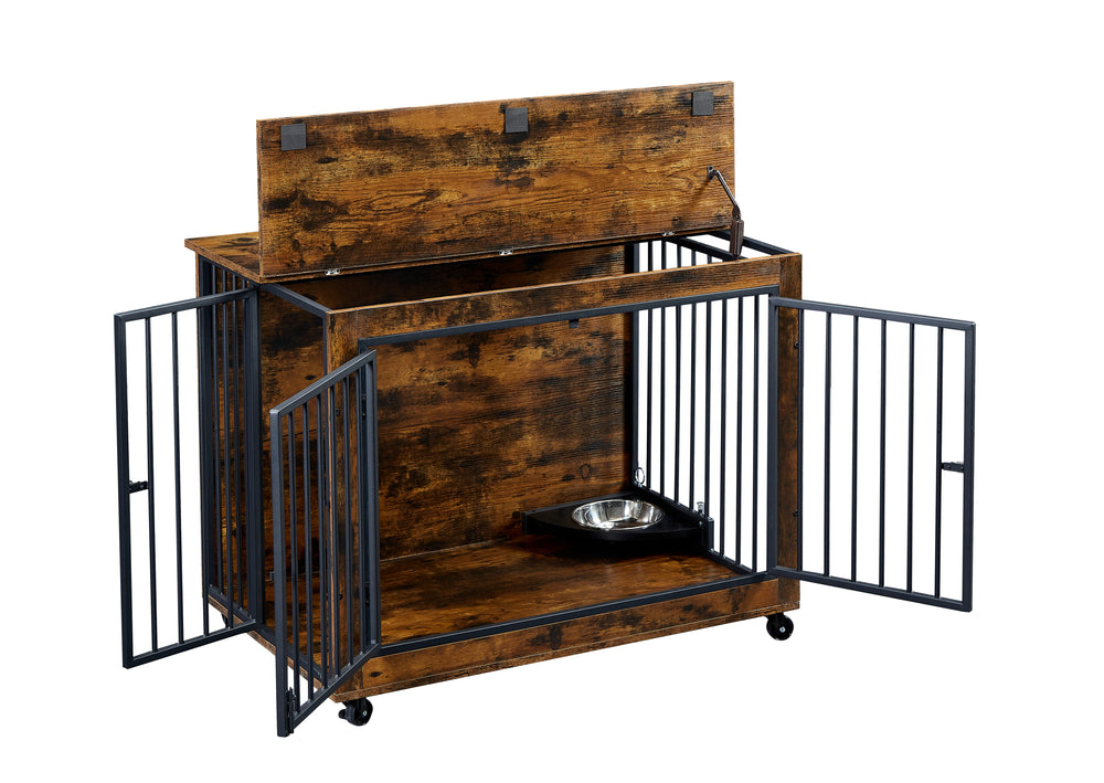 Rustic Dog Crate Side Table with Rotating Bowl and Wheels