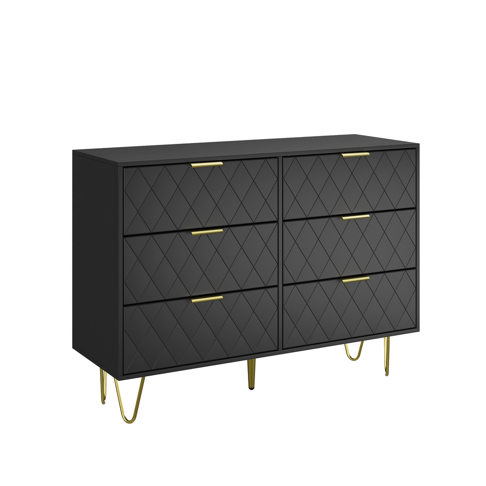 Sleek Black 6-Drawer Dresser with Gold Accents