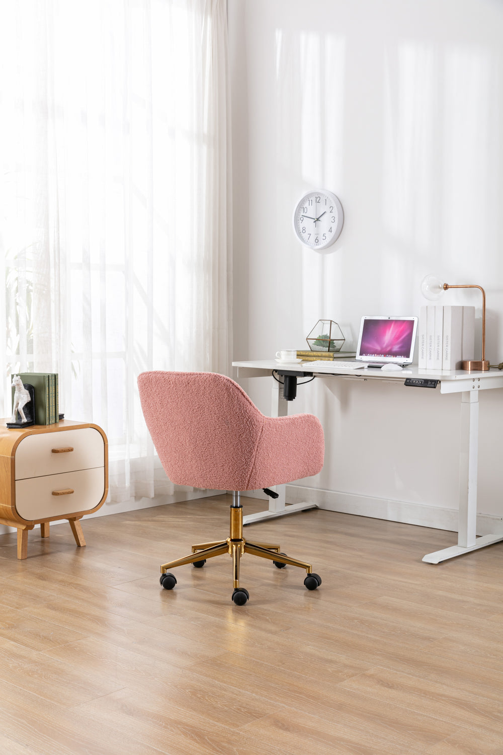 Chic Pink Teddy Swivel Chair with Gold Legs