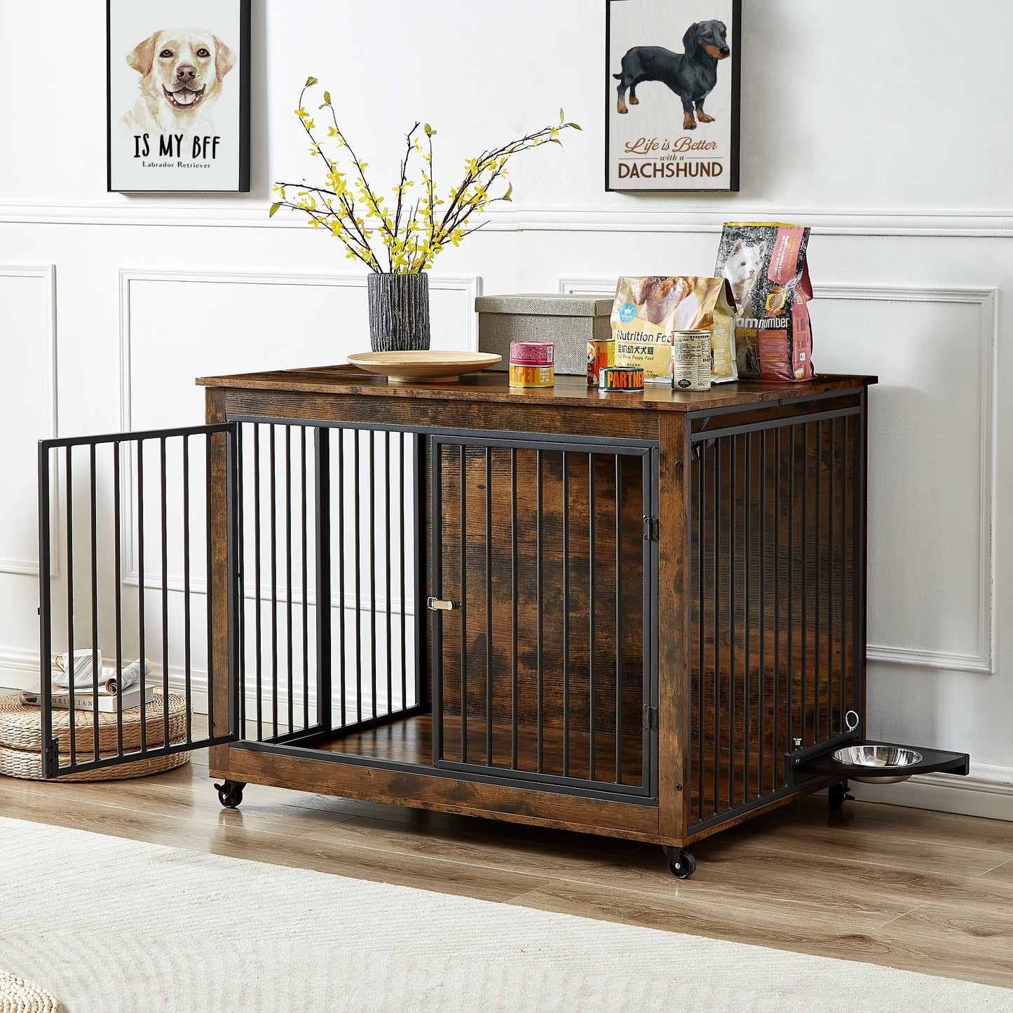 Rustic Dog Den & Side Table with Feeding Bowl