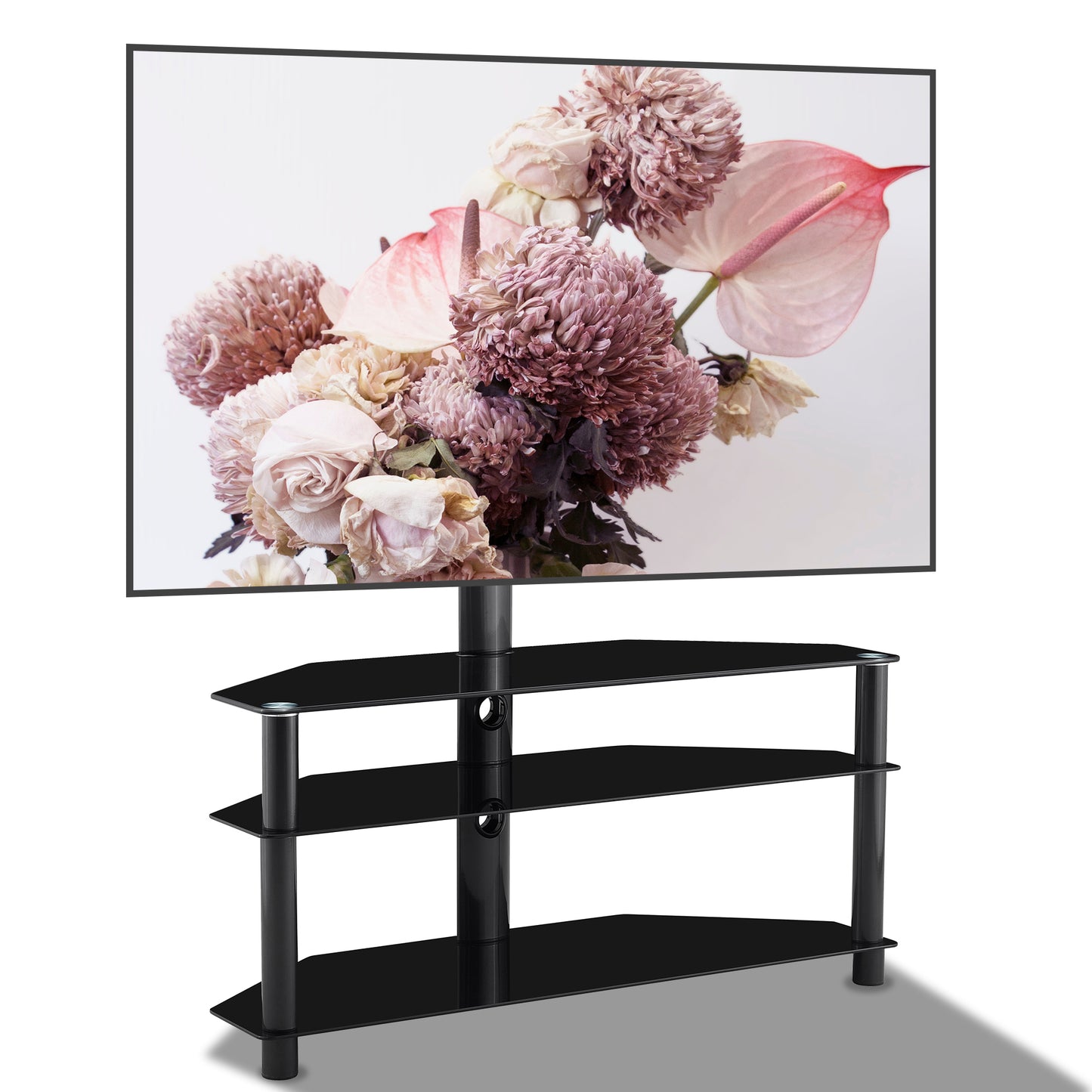 Versatile Black TV Stand with Adjustable Height and Swivel Design