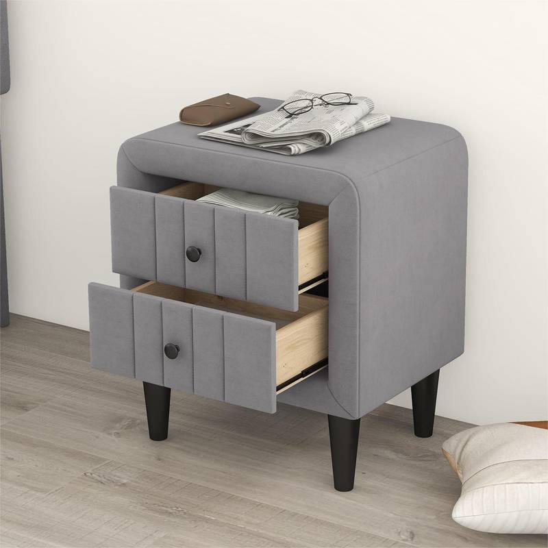 Velvet Gray Nightstand with Drawers