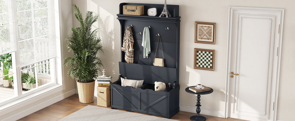 Modern Entryway Bench with Coat Hooks and Storage