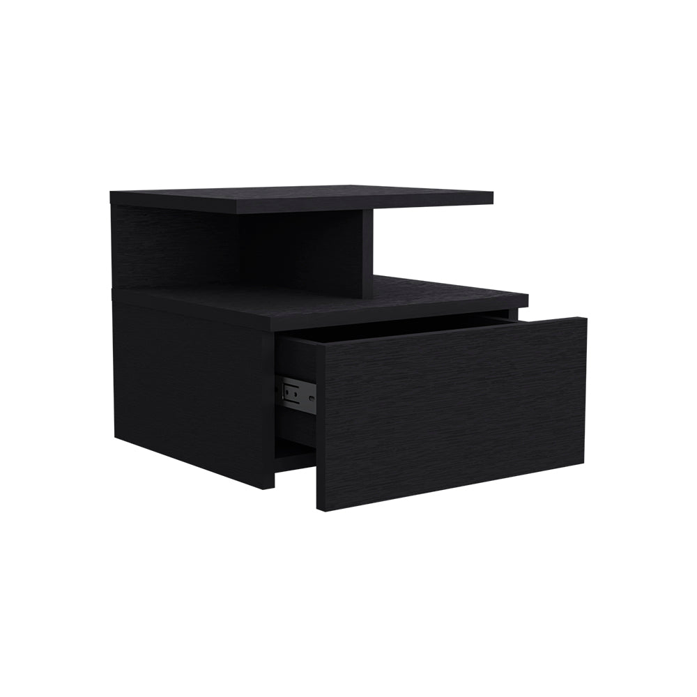 Sleek Black Floating Nightstand with Drawer